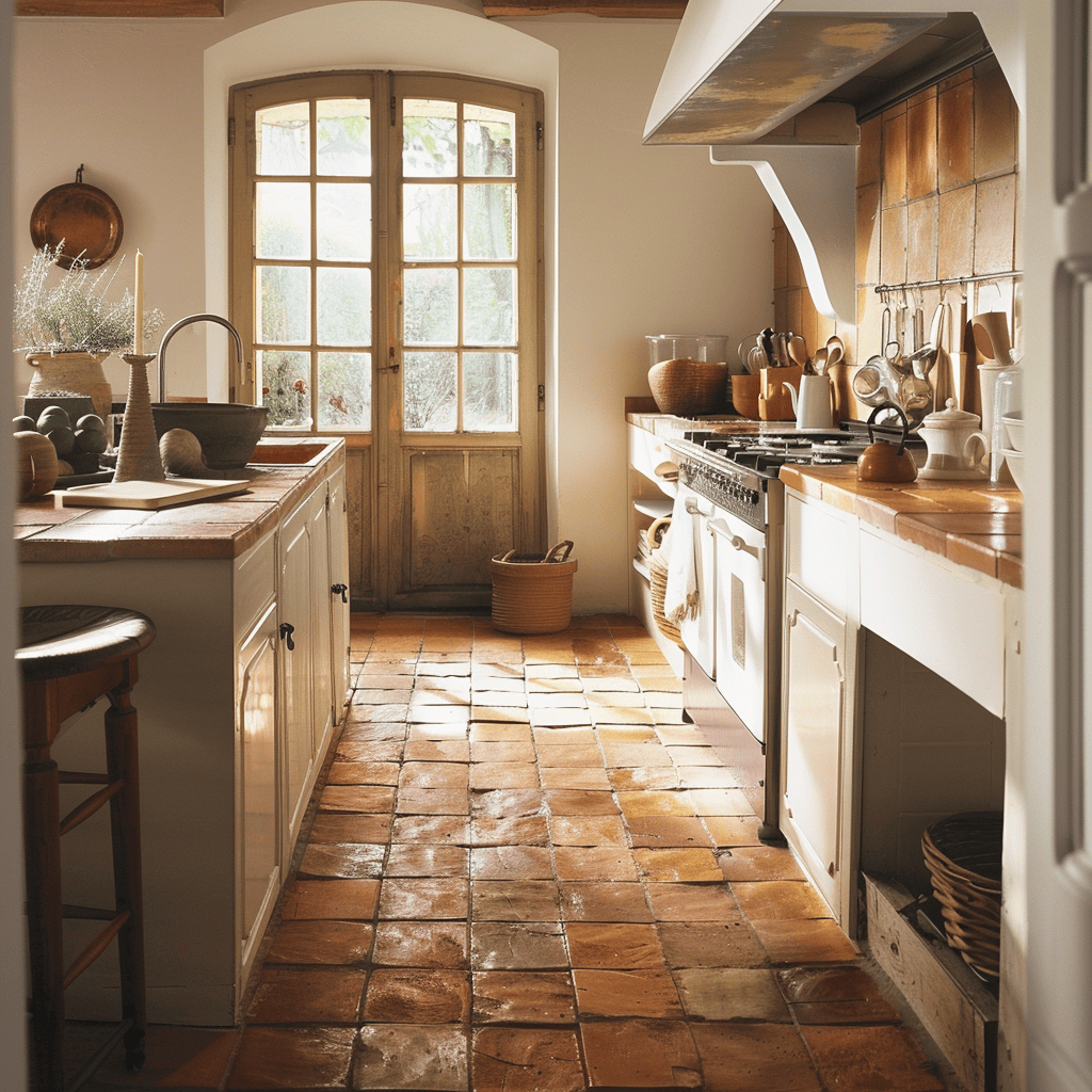 Kitchen with terra cotta barstools2