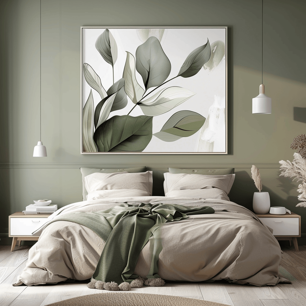 Large botanical print in muted greens and soft neutrals creates a serene focal point in this Scandinavian bedroom