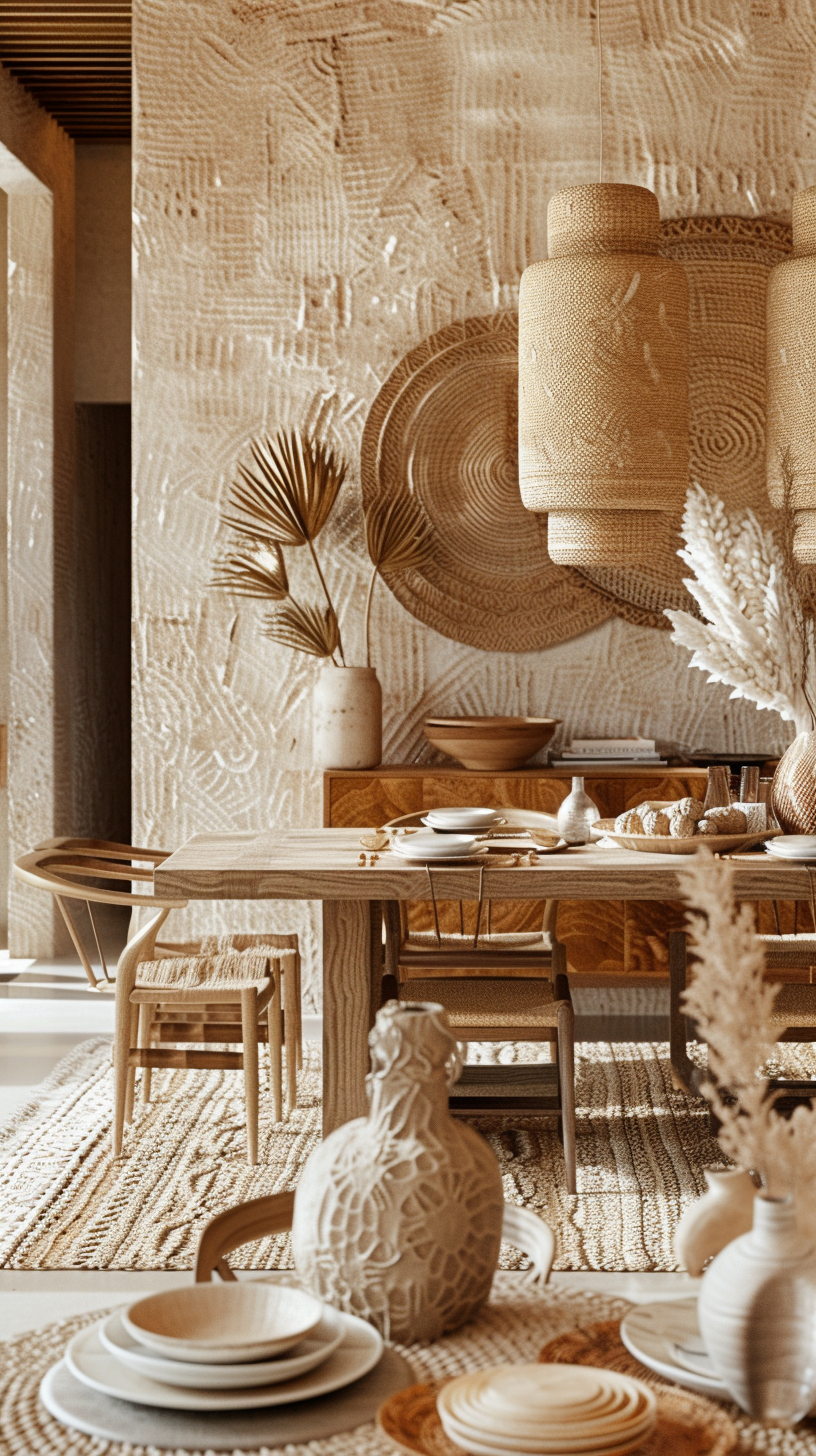 Large fabric wall tapestries as impactful art in a modern boho dining room