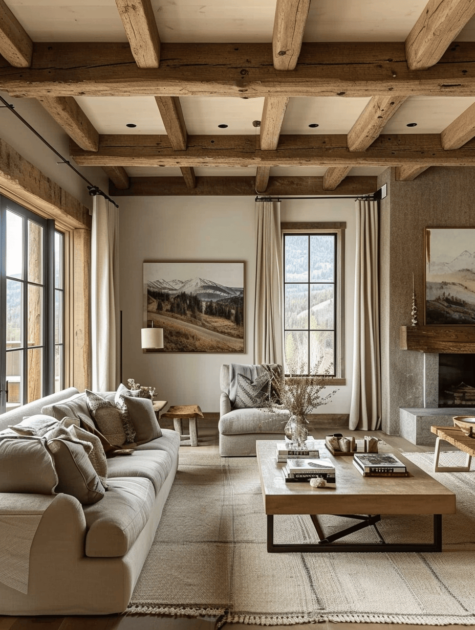Large farmhouse table in a spacious rustic living room
