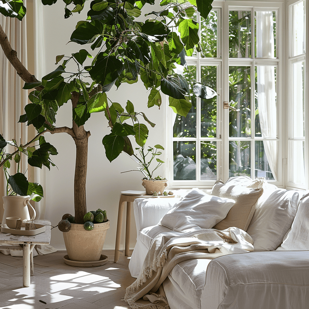 Large, potted fig trees bring a fresh, natural element to this Scandinavian sunroom with a white sofa and light wood table
