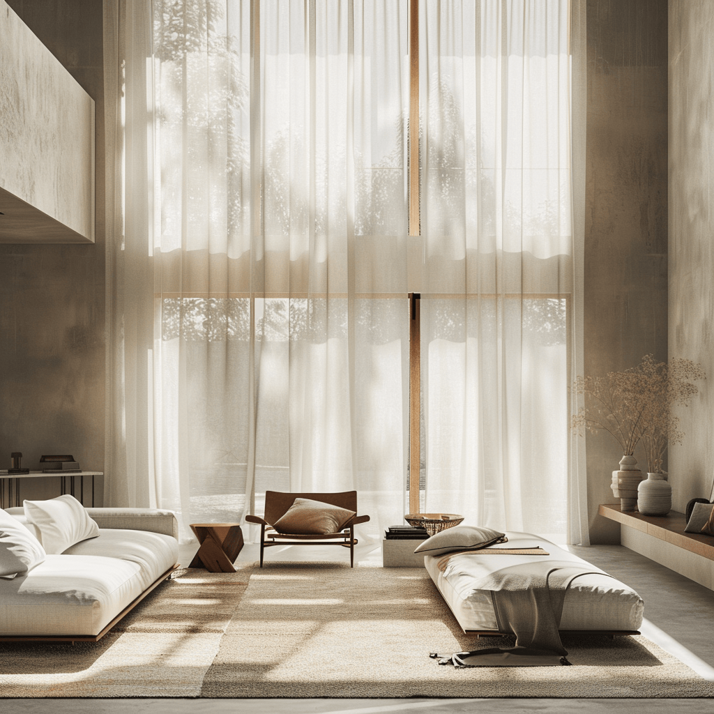 Large windows and unobstructed openings allow natural light to flood this minimalist living room, enhancing the sense of openness and airiness within the space