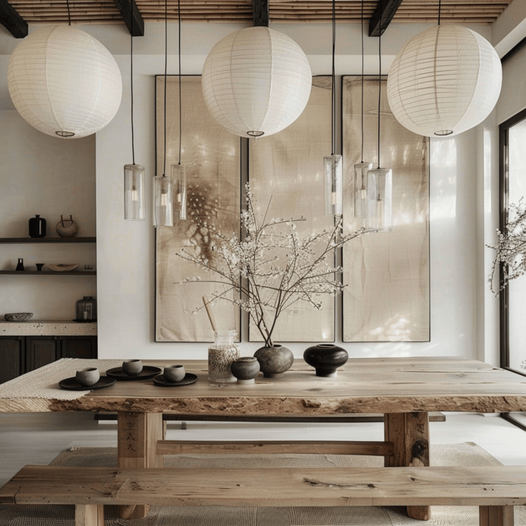 Layered lighting enhancing the ambiance of a Japandi dining space