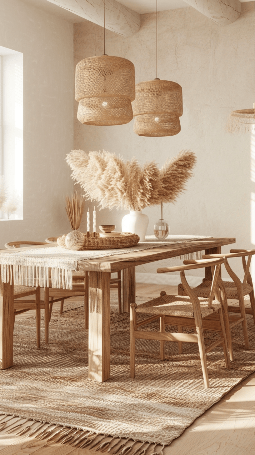 Light-filled boho dining room blending modern design with artisanal accents