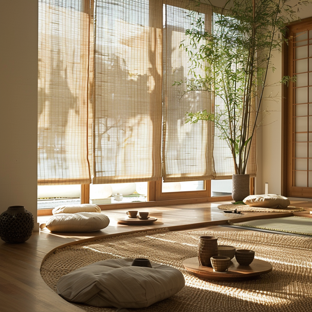 Light-filtering bamboo curtains bring a touch of natural serenity to a zen-inspired living room, promoting relaxation and tranquility1