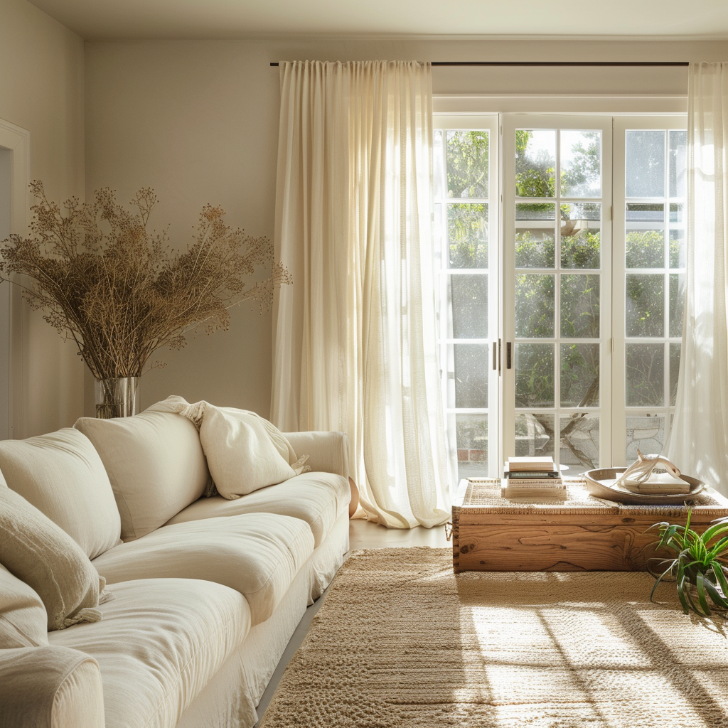 Light-filtering curtains in a soft, creamy hue reduce glare and protect furniture from UV rays in a sun-drenched living room1