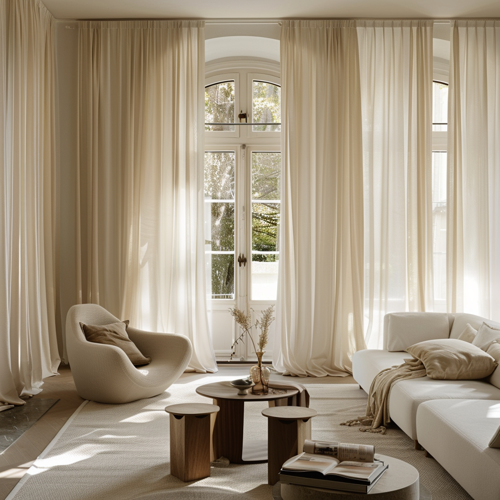 Light-filtering curtains in a soft, creamy hue reduce glare and protect furniture from UV rays in a sun-drenched living room2
