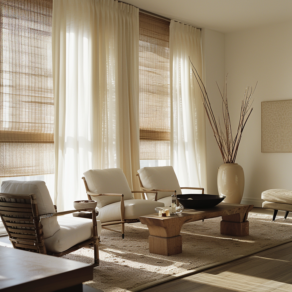 Light and airy bamboo curtains bring a touch of natural texture and serenity to a peaceful living room4