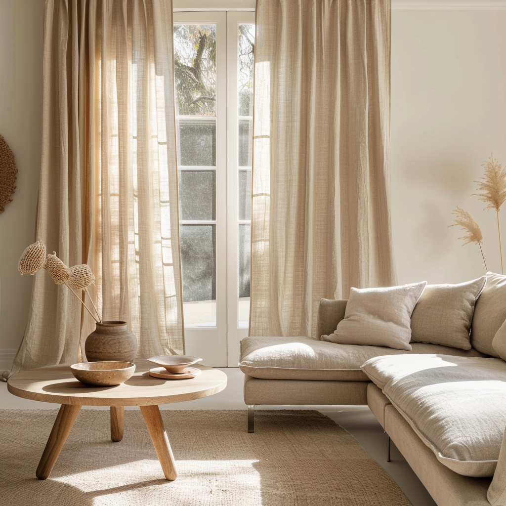 Light and airy oatmeal-colored linen curtains gently filter natural light in a relaxed living room, creating a calm and inviting atmosphere3