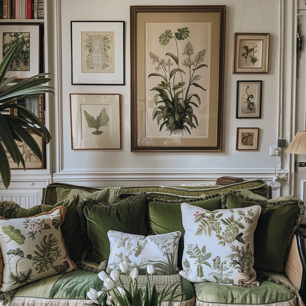 Light filled living room featuring botanical motif cushions, framed plant prints, and abundant indoor greenery