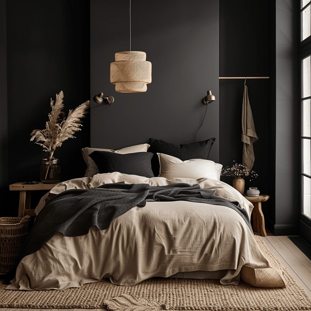 Light, neutral accents and natural materials like wood and linen help to integrate Scandinavian style into this bedroom with a rich, existing color scheme
