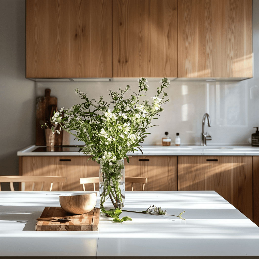 Light wood cabinets and fresh herbs bring nature into this Scandinavian kitchen