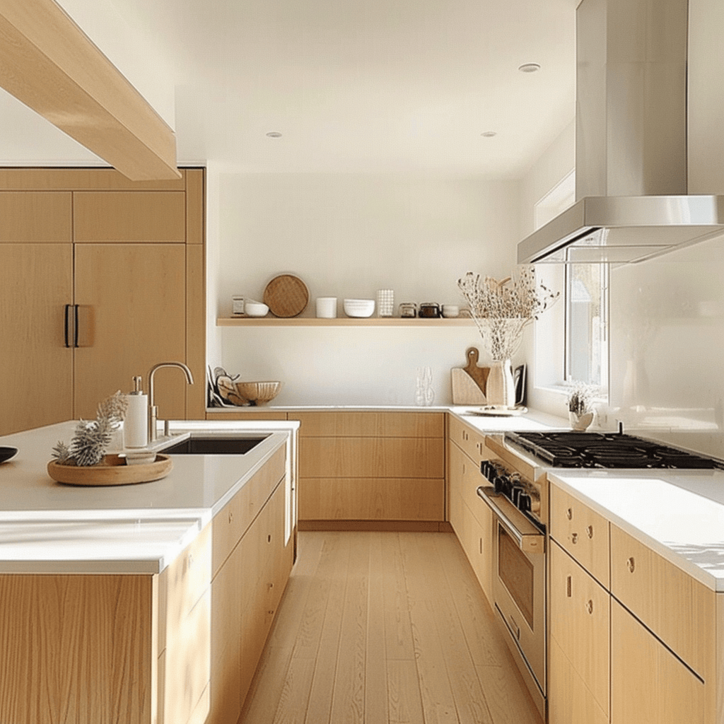 Light wood cabinets, white countertops, and pale wooden floors create a bright, airy atmosphere in this Scandinavian kitchen