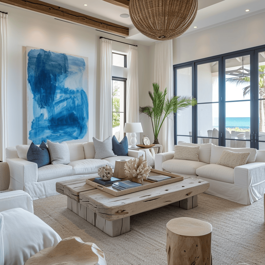 Lightweight linen curtains in a breezy, coastal-style living room