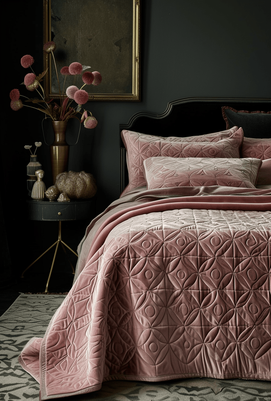 Linear patterns accentuating the walls of a chic Art Deco bedroom