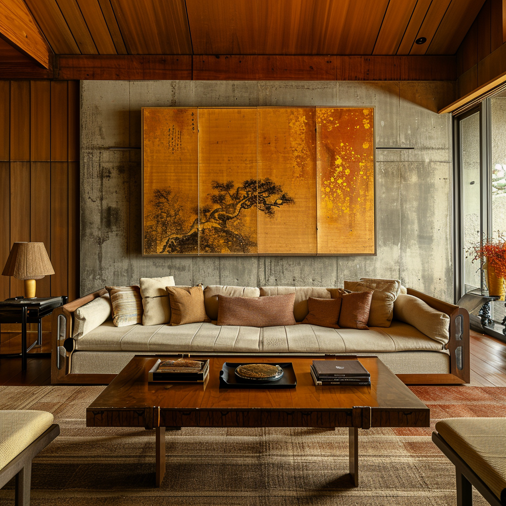 Lively Japanese living room with colorful accents and traditional motifs.