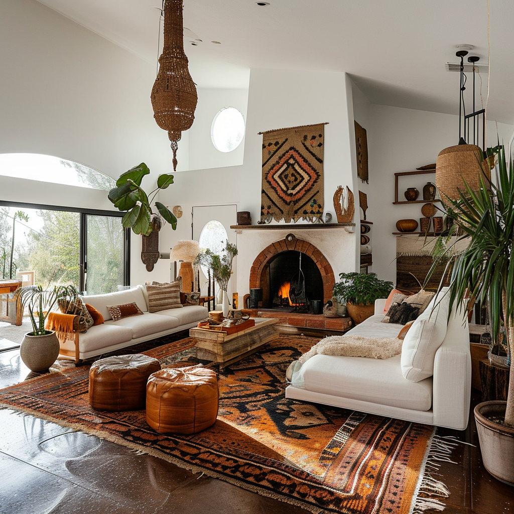 Lively living room boho style with a mix of textiles and greenery