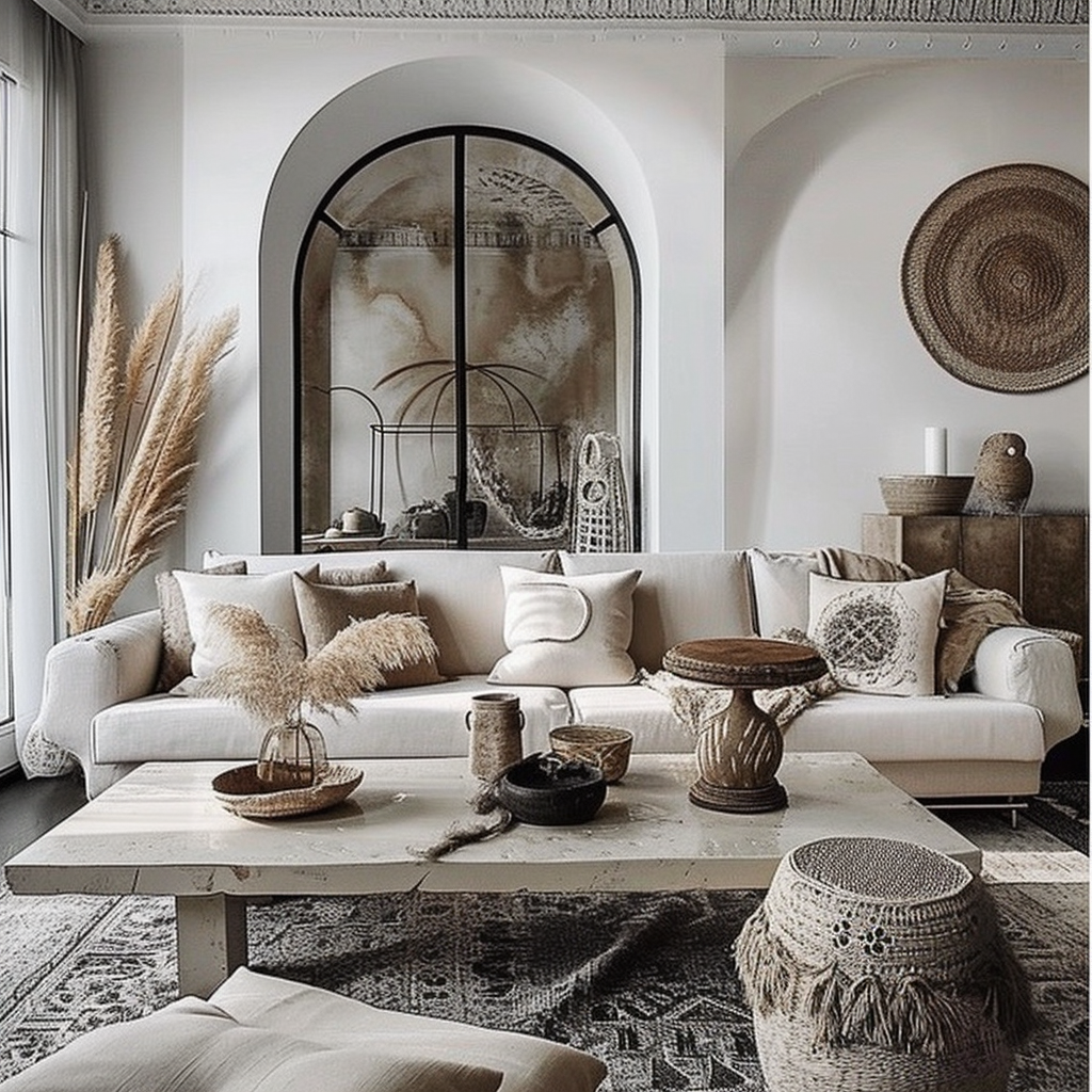 Living room bohemian decor with a rich mix of cultural influences and textures