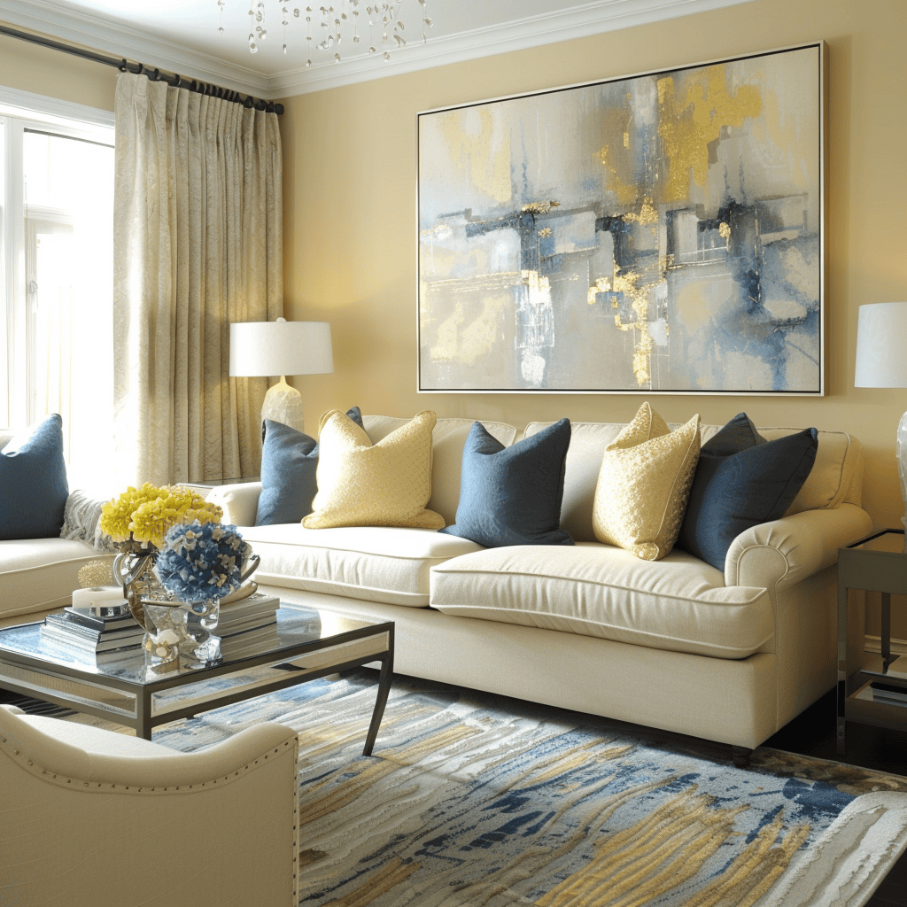 Living room in beige with blues and yellows