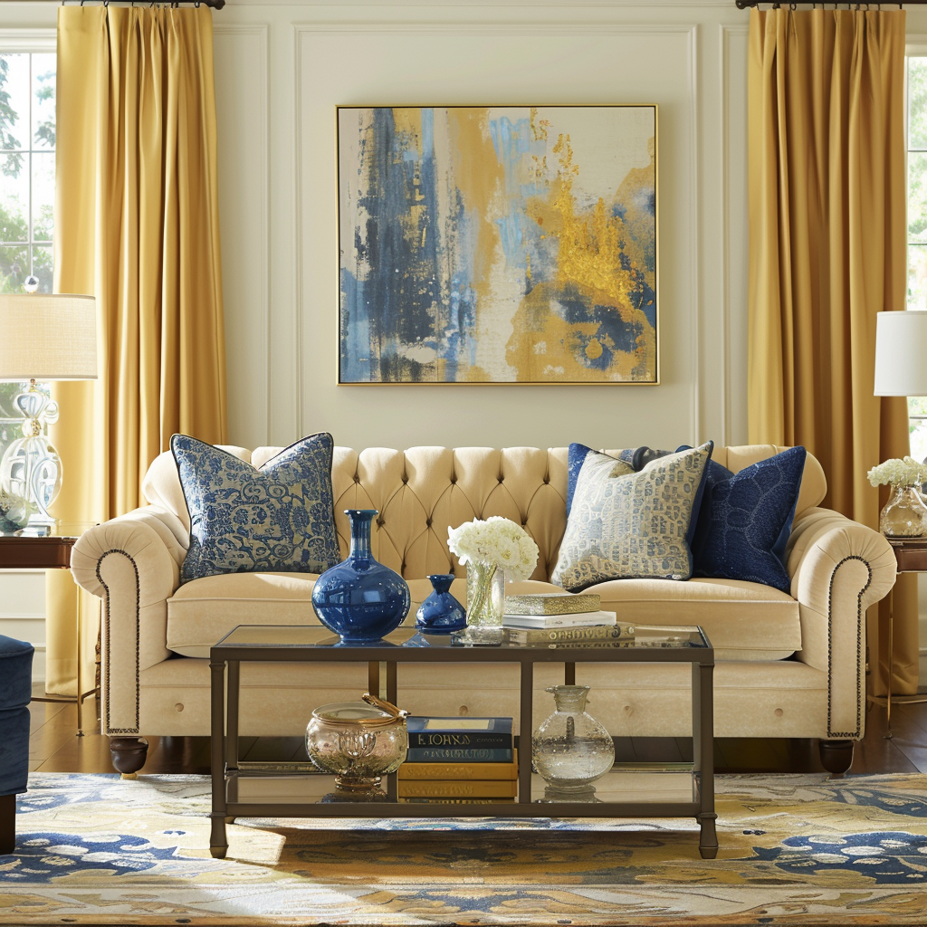 Living room in beige with blues and yellows2