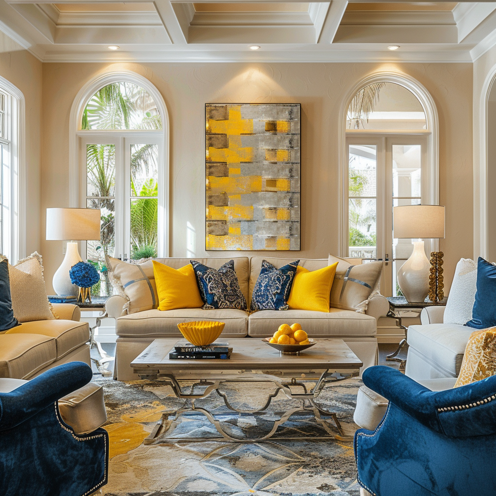 Living room in beige with blues and yellows3