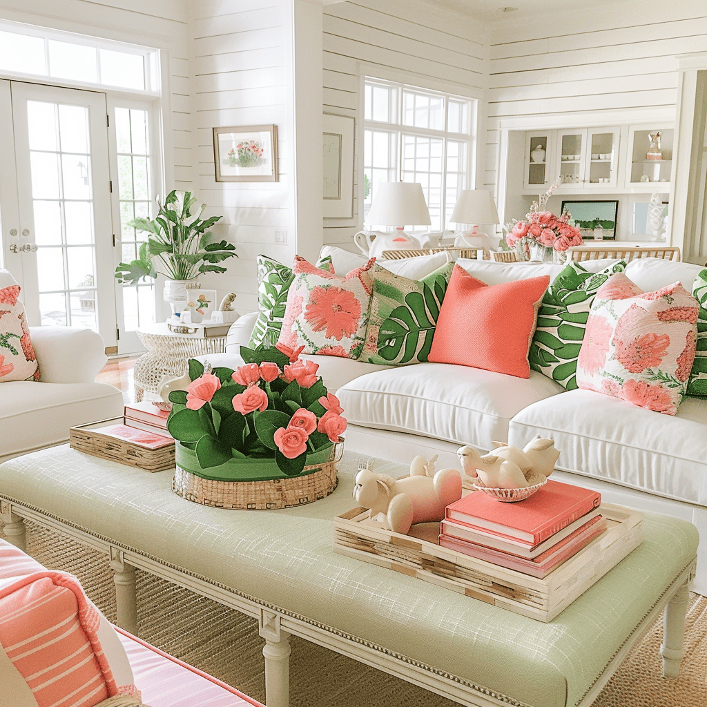 Living room in crisp white with coral and green