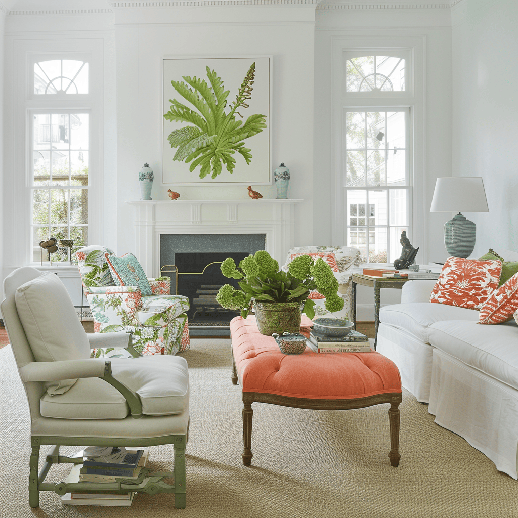 Living room in crisp white with coral and green4