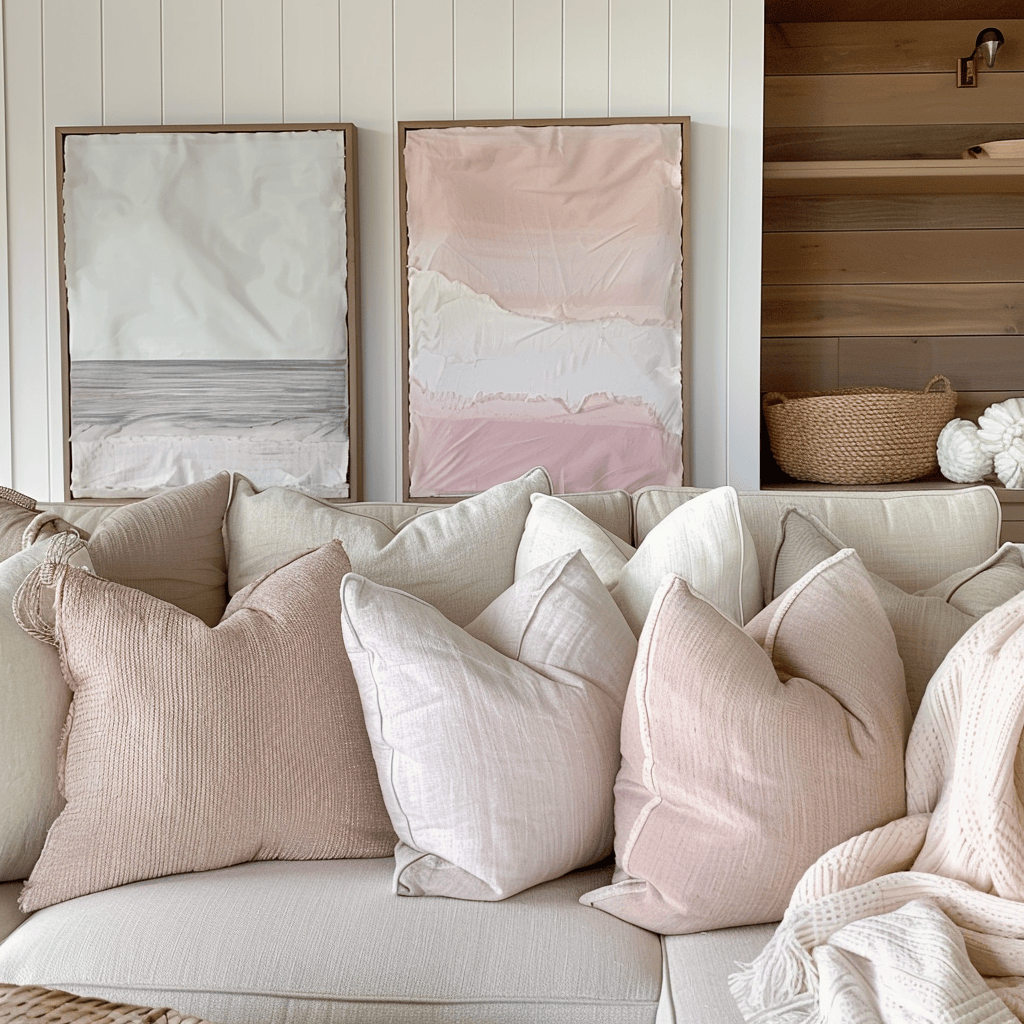 Living room with blush pillows on neutral sofa3