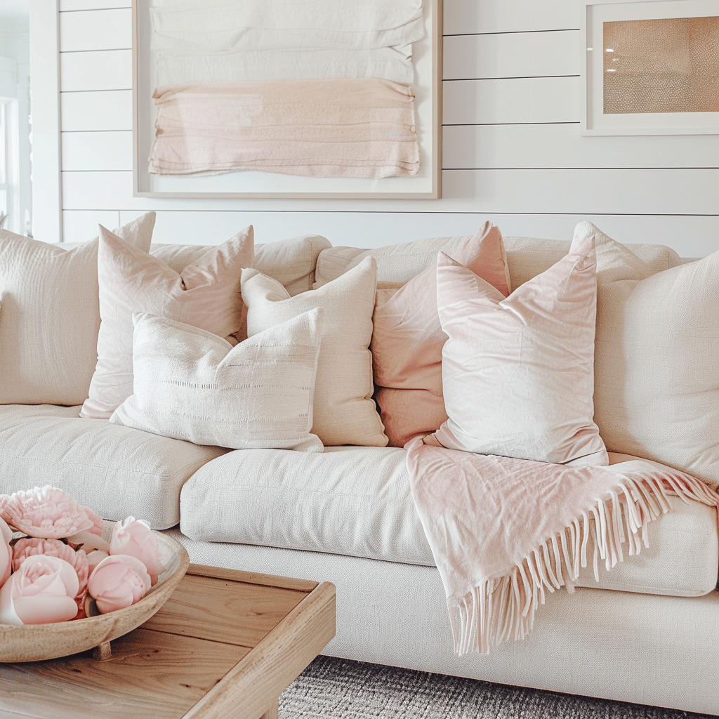 Living room with blush pillows on neutral sofa4