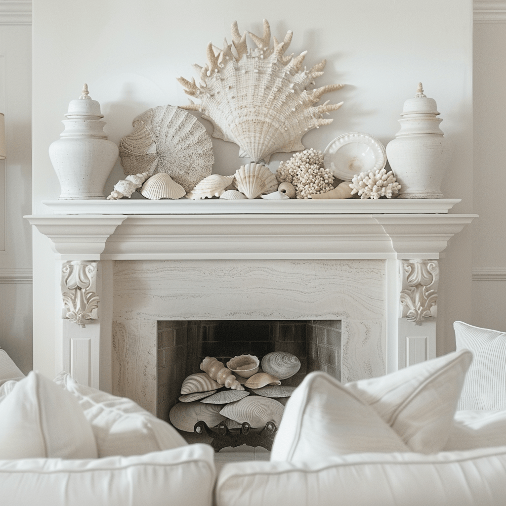 Living room with coastal mantel, shells, coral2