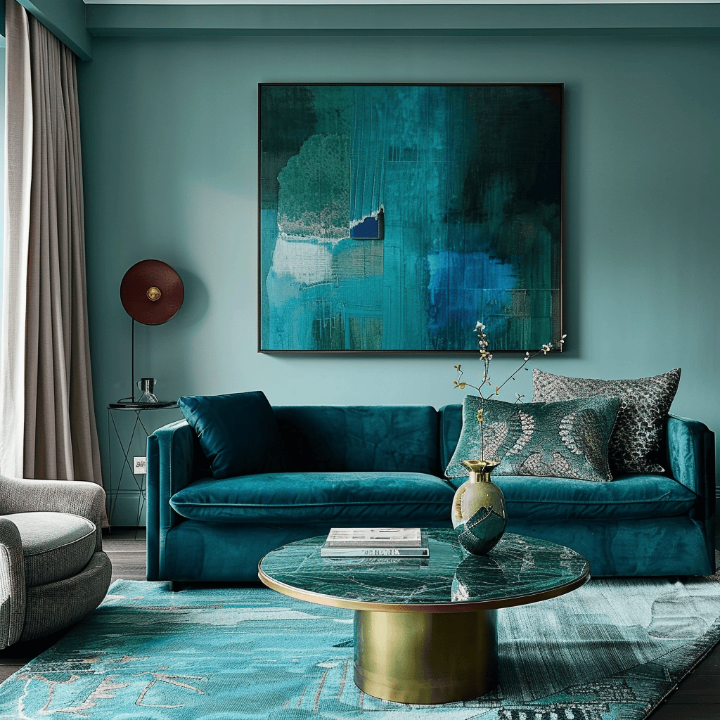 Living room with cohesive blue-green shades3