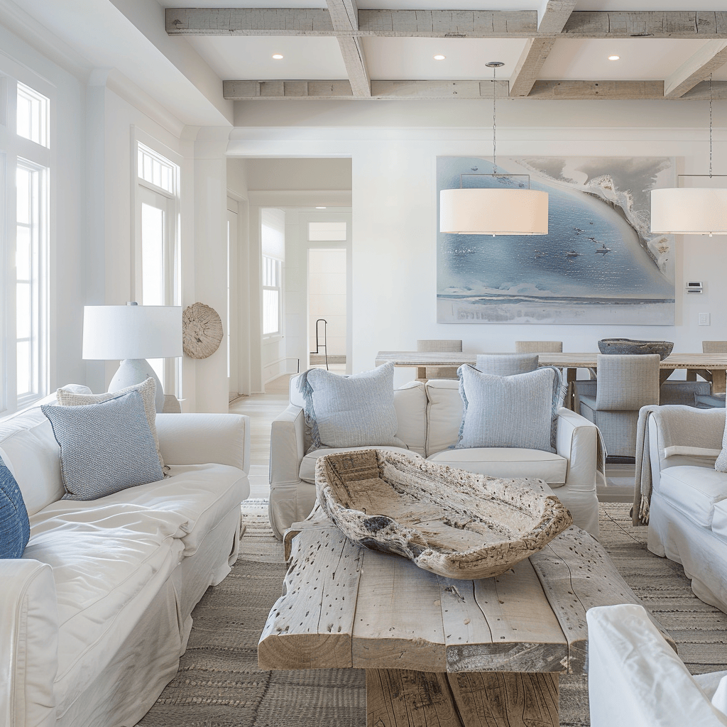 Living room with colors influenced by crashing waves, sandy beach, bright sunshine