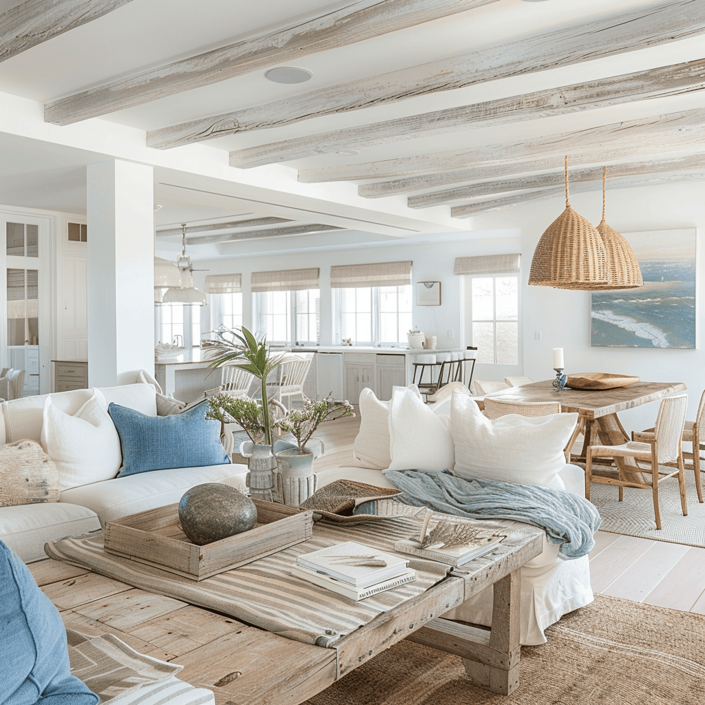 Living room with colors influenced by crashing waves, sandy beach, bright sunshine4