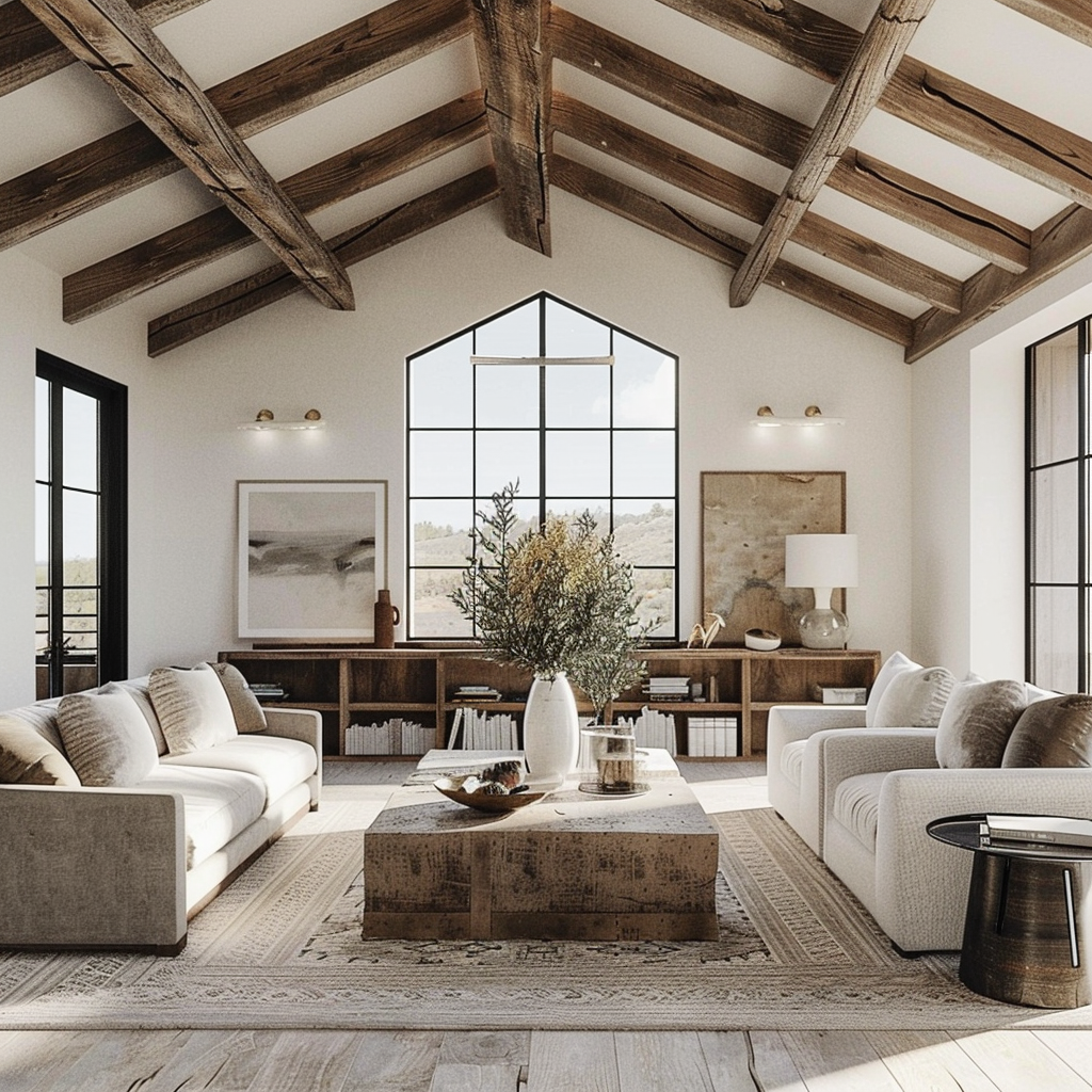 Living room with exposed wooden beams and sleek modern furniture highlighting rustic-modern blend