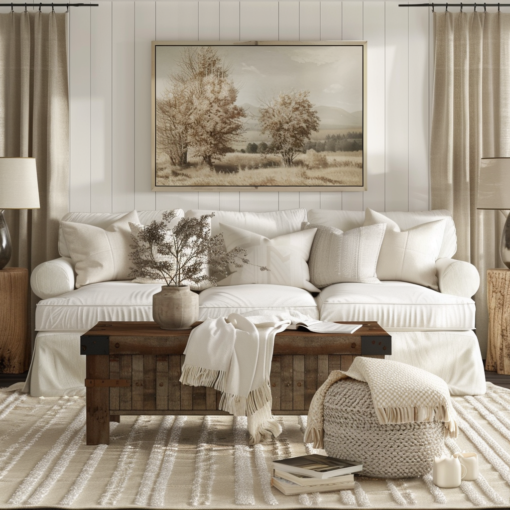 Living room with layered textures of linen, wool, and rustic wood in a farmhouse setting