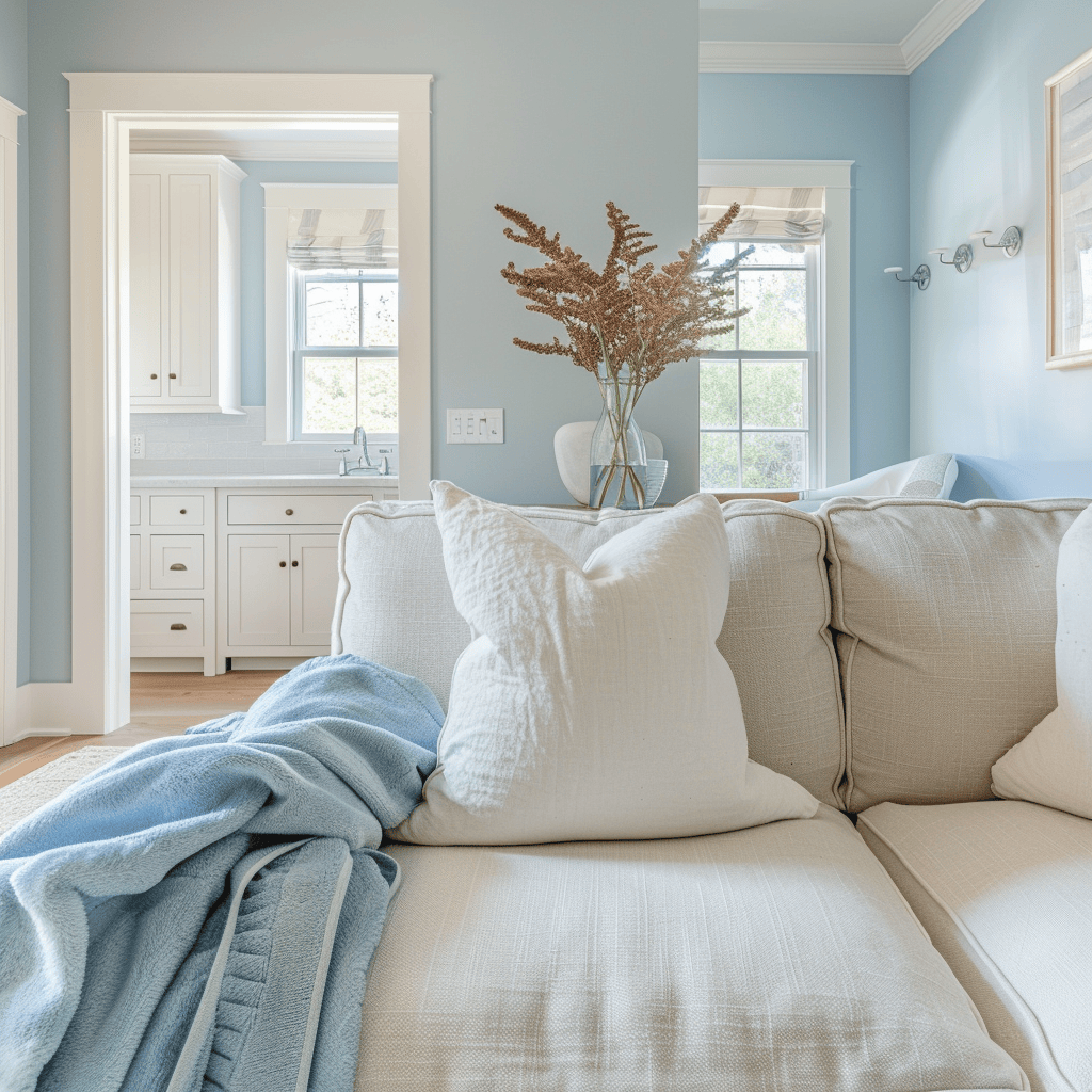 Living room with light blue sofa, nautical pillows