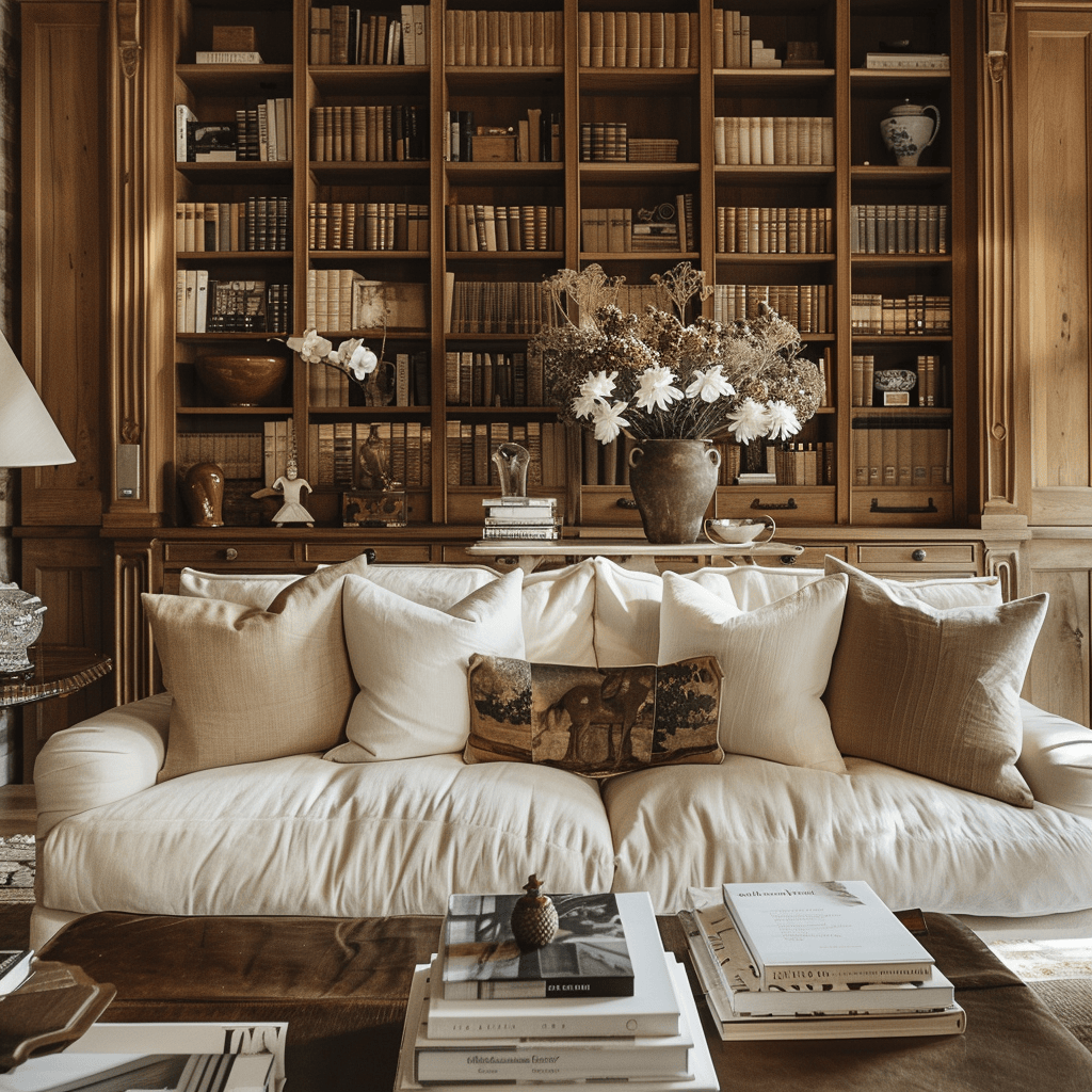 Living room with linen pillows, glossy books2