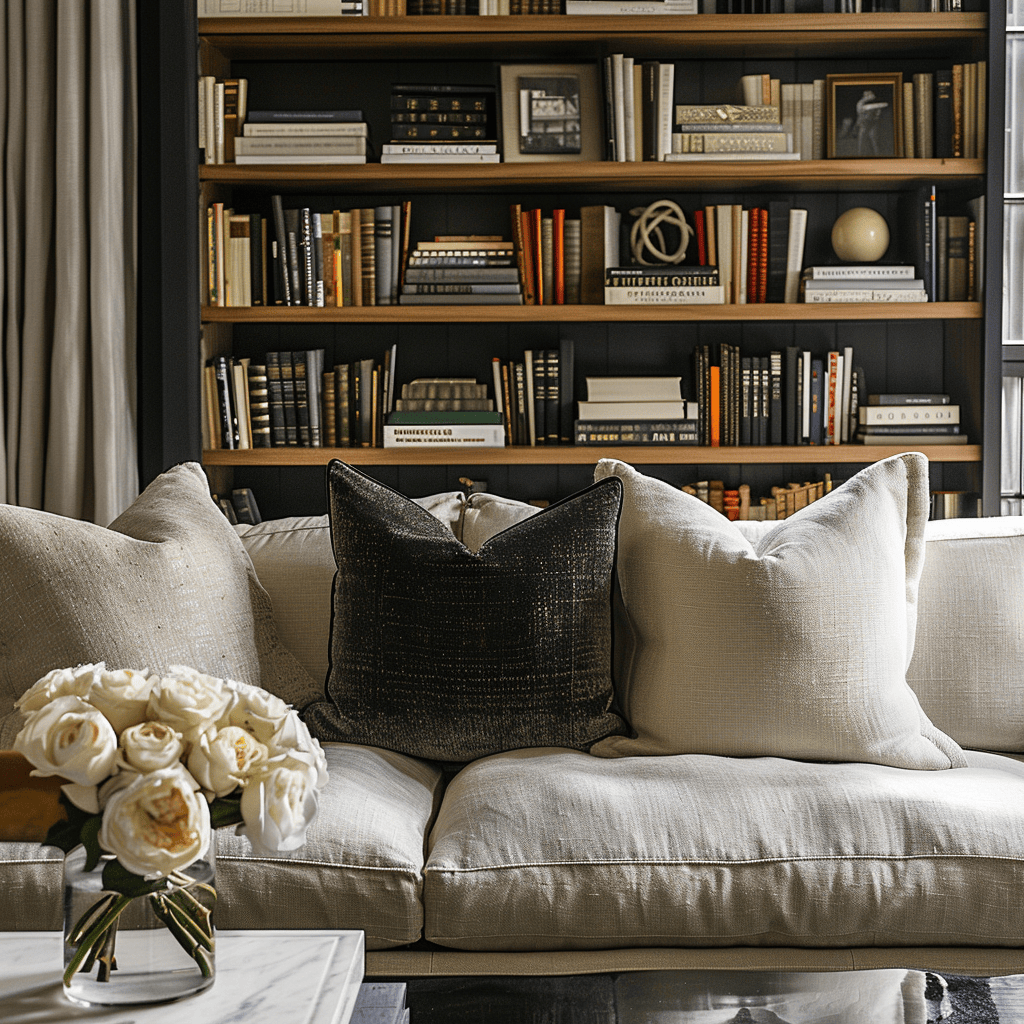 Living room with linen pillows, glossy books3