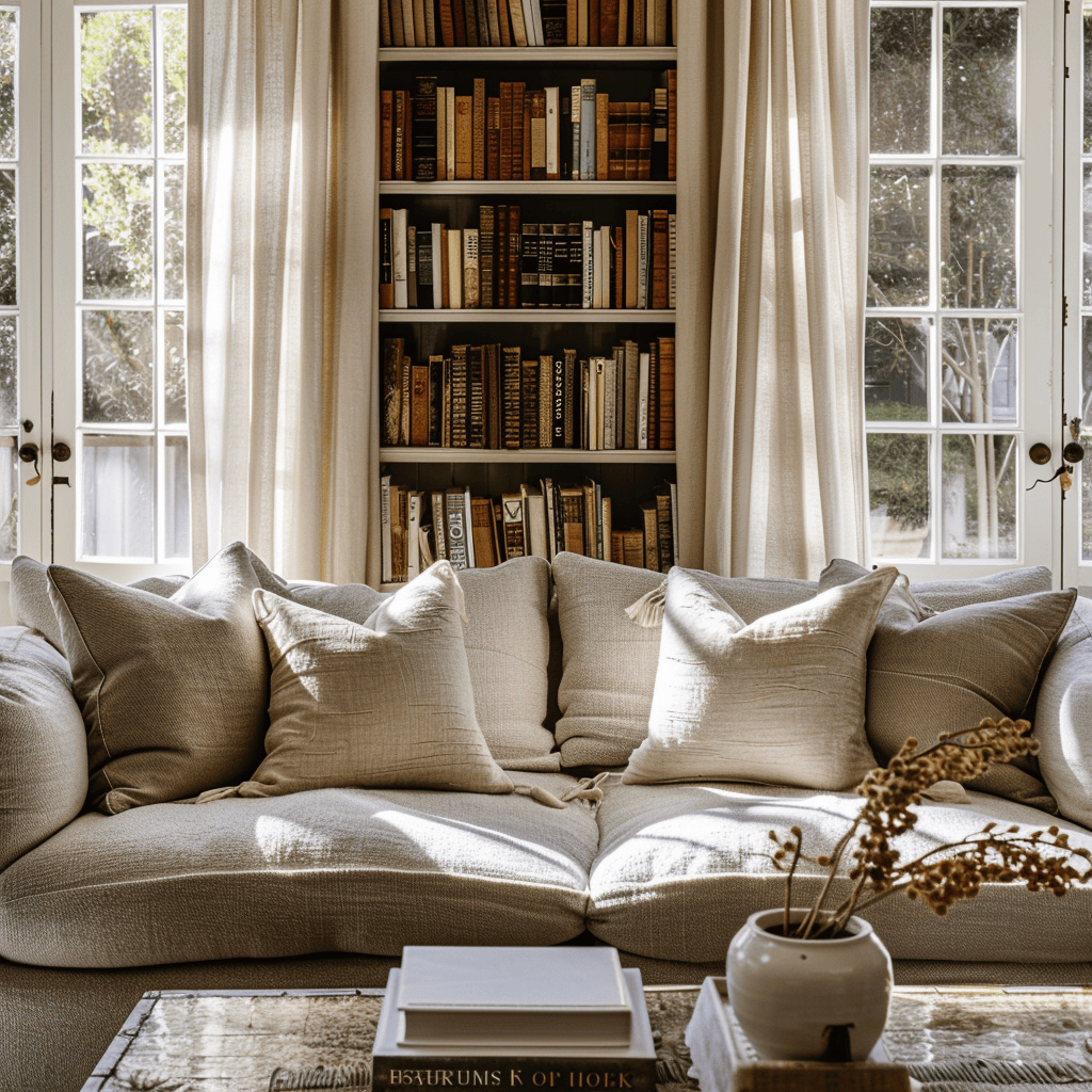 Living room with linen pillows, glossy books4