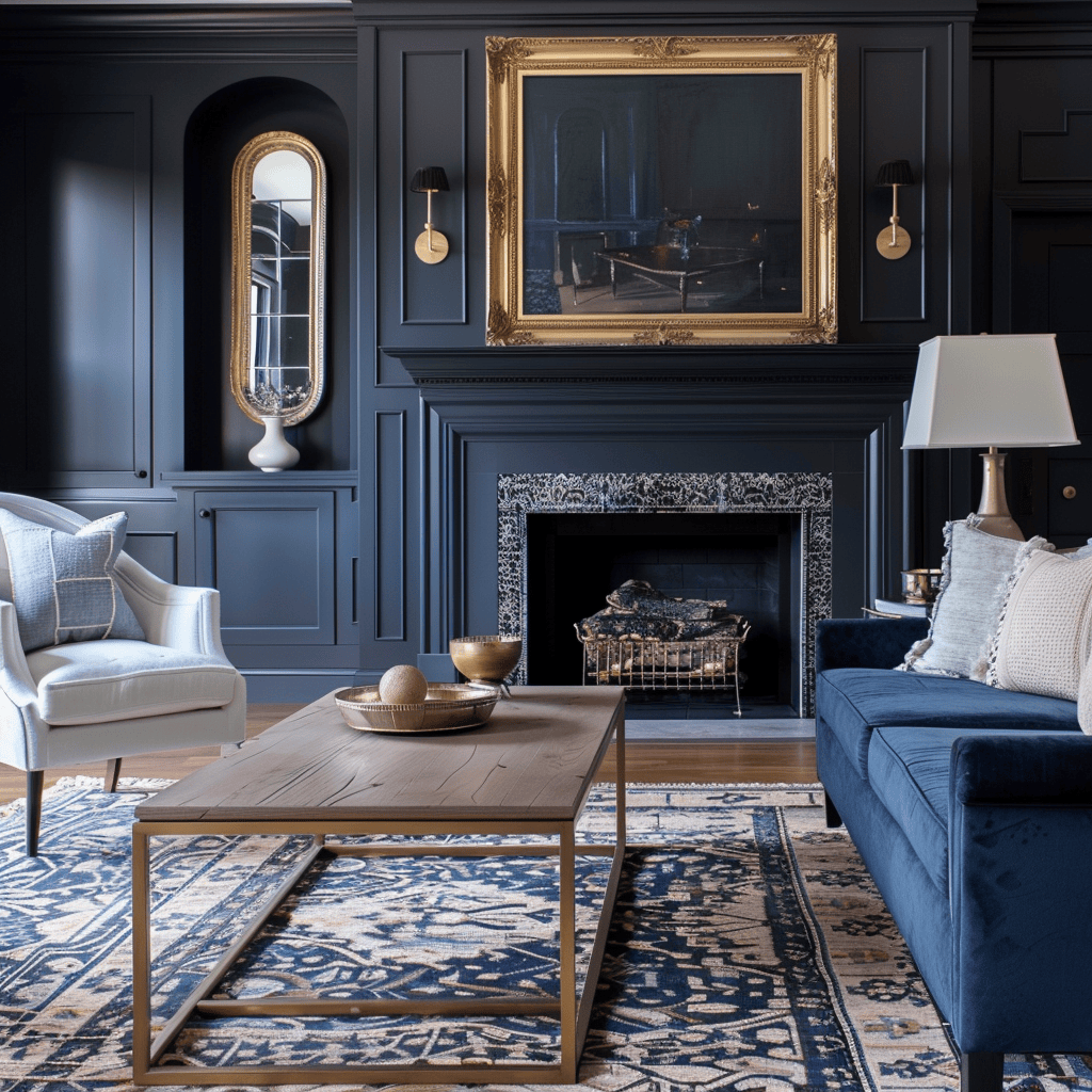 Living room with moody navy accent wall