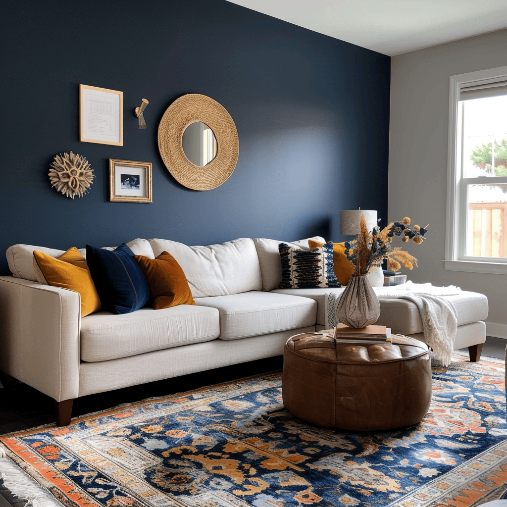 Living room with moody navy accent wall