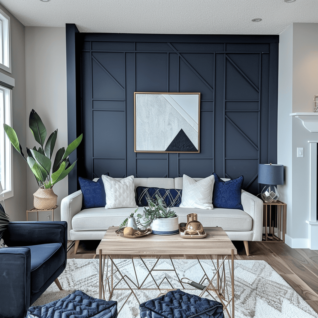 Living room with moody navy accent wall