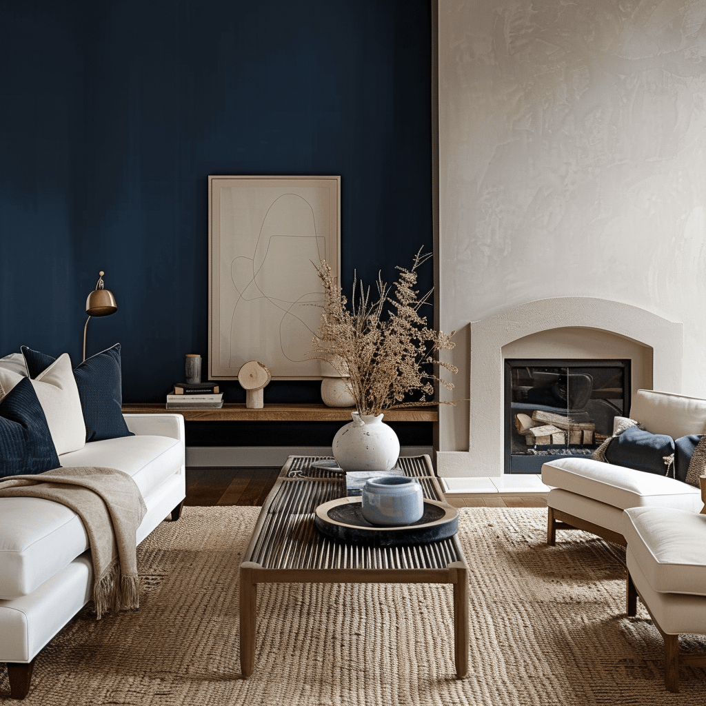 Living room with moody navy accent wall