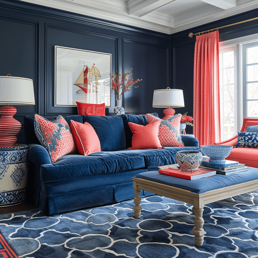 Living room with navy and coral accents2