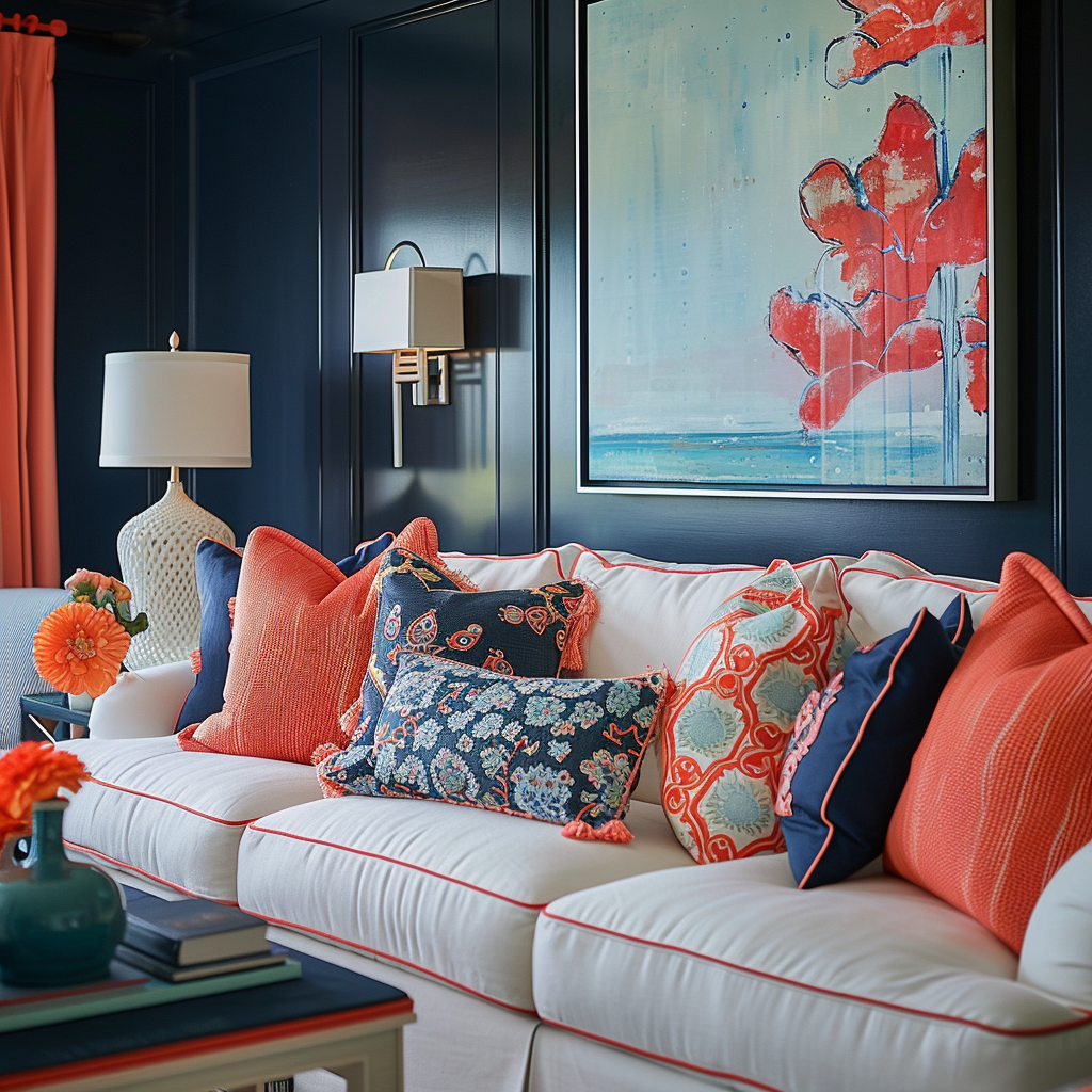Living room with navy and coral accents3