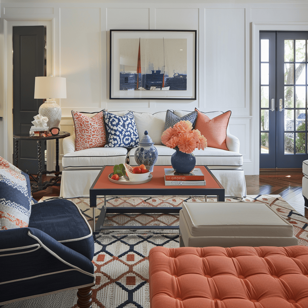 Living room with navy and coral accents4