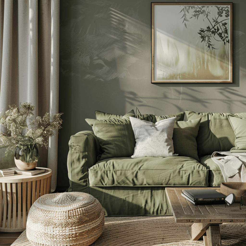 Living room with olive green sofa, sage pillows