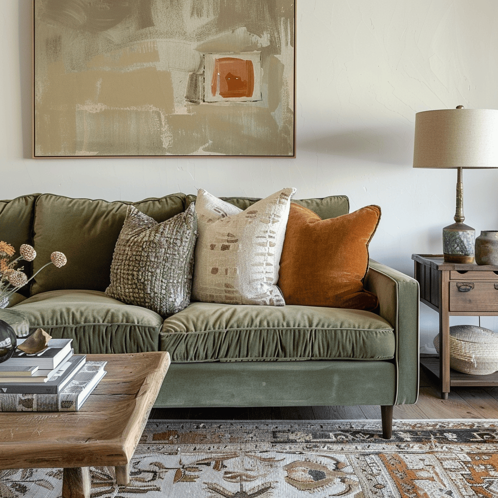 Living room with olive green sofa, sage pillows  2