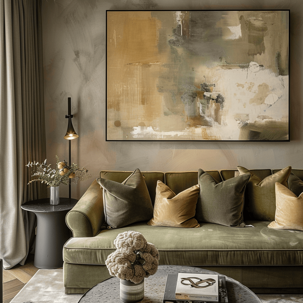 Living room with olive green sofa, sage pillows  3