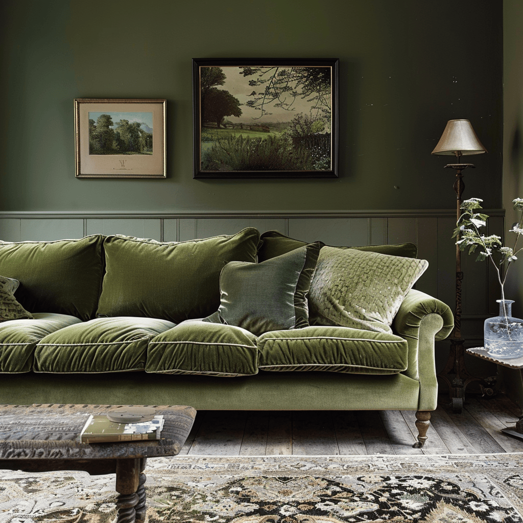 Living room with olive green sofa, sage pillows  4